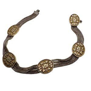 925 Sterling Silver Multi Strand Bracelet Gold Tone Floral Motif 6.5" Vintage